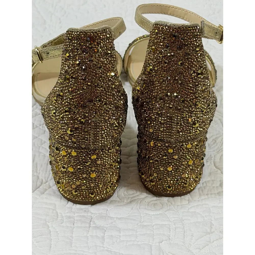 Betsey Johnson Women’s 7 Gold Hanna Beaded Strap Sandals Dress Wedding Heels